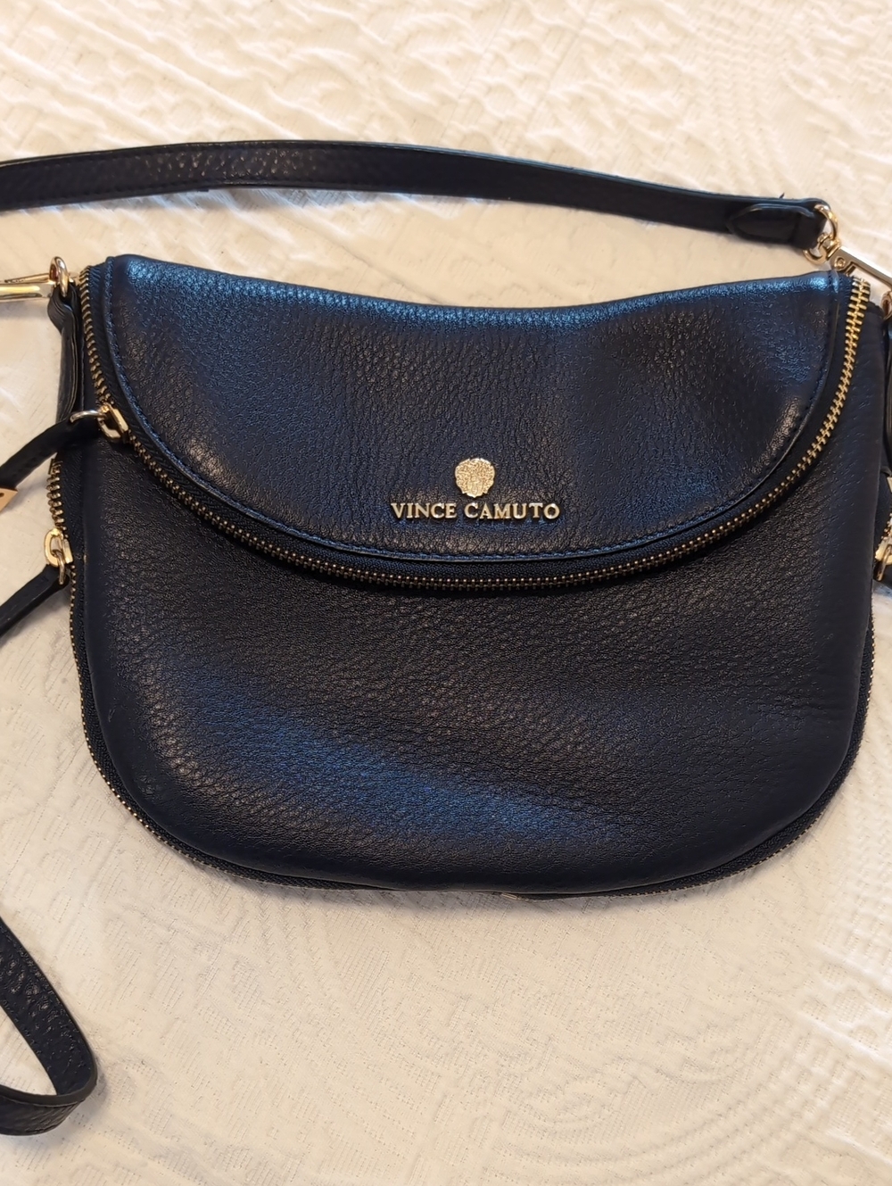 Vince Camuto Navy Pebbled Leather Pebble Crossbody with Gold Hardware